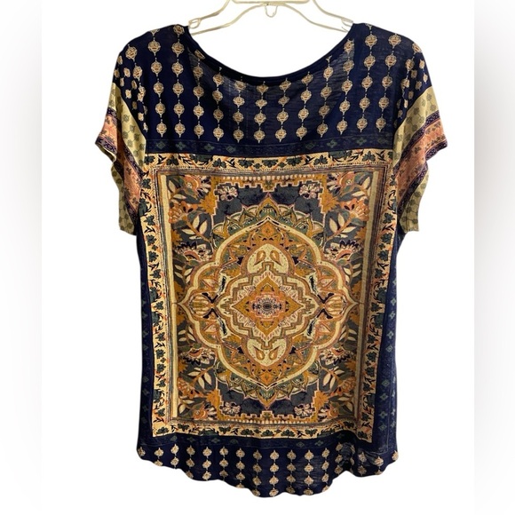 Lucky Brand blouse Persian art inspired pop over crewneck lightweight navy Large - Picture 5 of 8